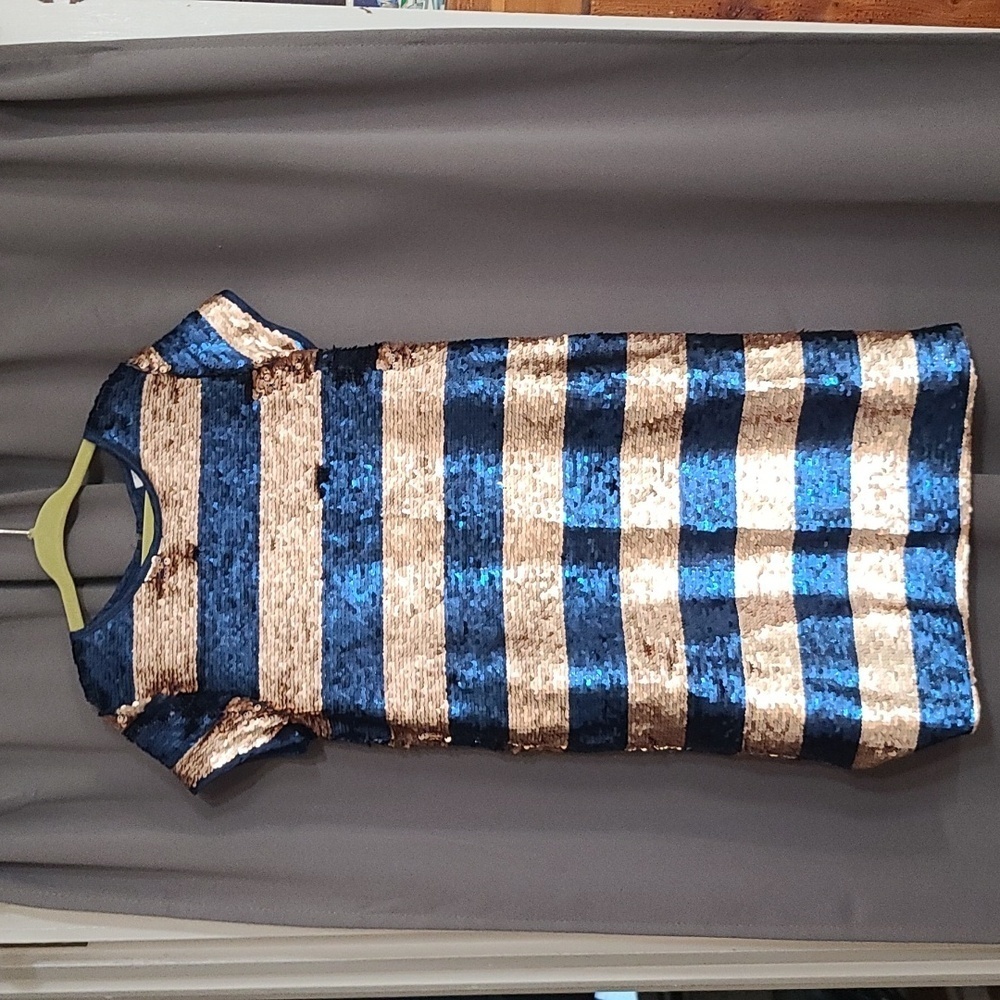 Peyton & Parker Girls Seqined Dress Gold?/Blue Flippable Back Zip Lined Sz 8 EUC